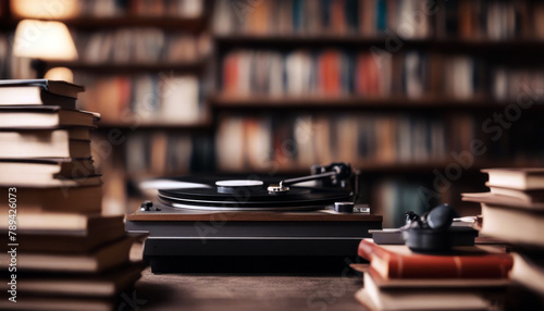 image top sitting books pile A record player book turntable old-fashioned old nightclub gramophone stereo closeup audio equipment obsolete antique technology plastic photo