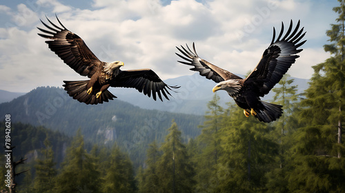 A pair of white-tailed eagles soaring high above a dense pine forest. photo