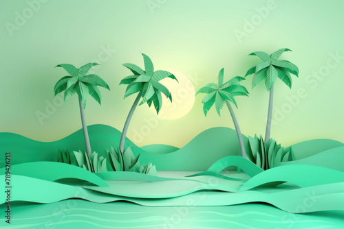 3D render of colorful tropical beach with palm trees made from paper art origami. paper art for a banner or wallpaper design concept