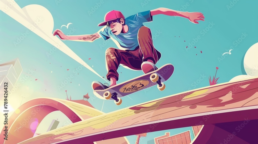 Cartoon landing page of a skatepark with a teenager on a skateboard doing stunts on pipe ramps. Youth urban culture, graffiti, and teen street activity, modern web banner, illustrated with