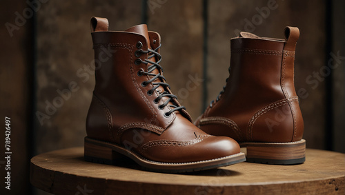 A pair of brown leather boots with laces and zippers. 