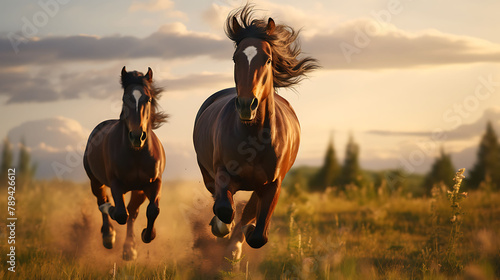 A pair of wild horses galloping freely across an expansive open field.