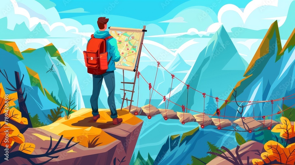 Hiking cartoon posters. Man with map on mountain trip, xtreme travel adventure. Tourist standing on suspension bridge over mountain mountains.