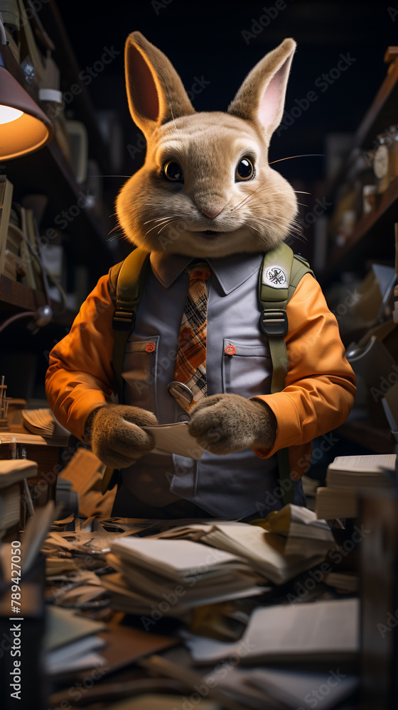 Diligent rabbit postal worker midangle sorting through letters focused and committed charming uniform community spirit high-resolution Diligent rabbit postal worker midangle sorting through letters focused and committed charming uniform community spirit high-resolution