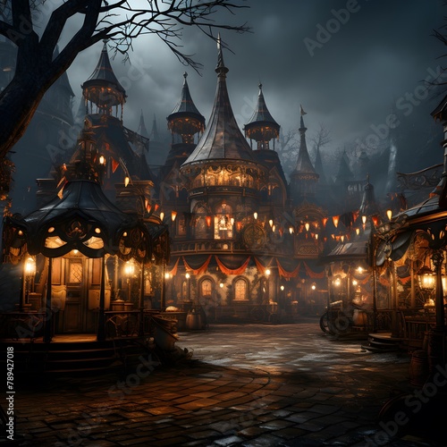 Mysterious halloween night in the old town. 3d rendering