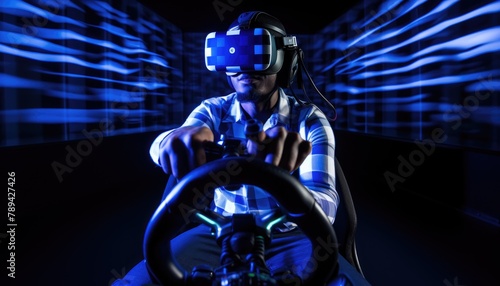 Gambling man wins in a virtual game, holding a joystick, wearing VR glasses, sitting on a chair on a dark blue background