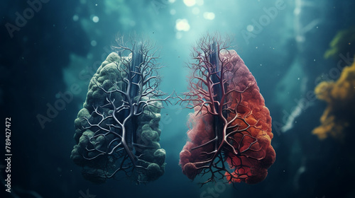 Fresh untainted lungs beside bacteriaridden lungs closeup highlighting the extremes of pulmonary health vivid detail  photographic style photo