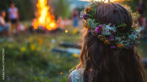 Midsummer Nights Bonfire Celebration With Floral Wreath