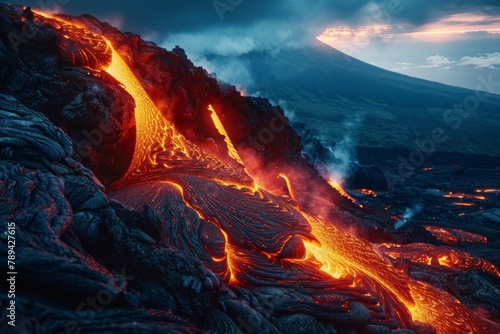 A molten lava flow cascading down a volcanic mountainside, illuminating the night with an orange glow.