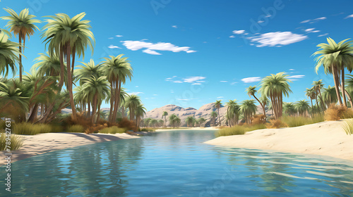 A panorama of a desert oasis, with palm trees and a clear blue sky.