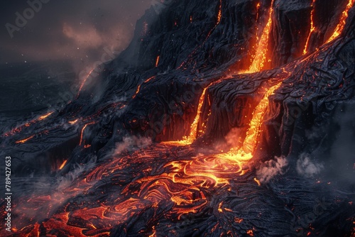 A molten lava flow cascading down a volcanic mountainside, illuminating the night with an orange glow.