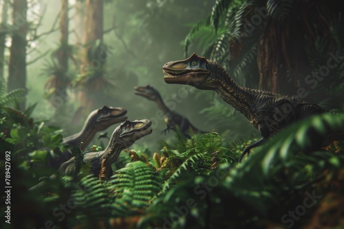 A pack of velociraptors hunting their prey in a dense prehistoric forest, with ferns and ancient trees. © EC Tech 