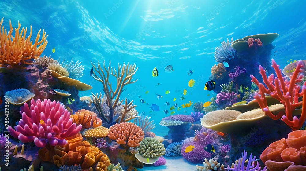 A panoramic view of a vibrant coral reef teeming with colorful marine life.