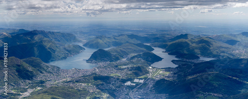 Lugano lake and town aerial from north, Switzerland