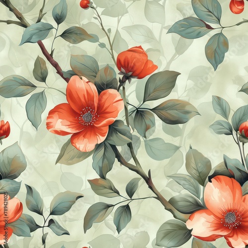 Seamless beautiful decorative flowers tree pattern background