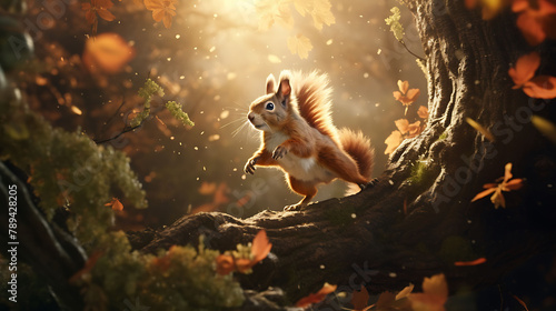 A playful squirrel gracefully leaping between branches in a majestic oak tree.
