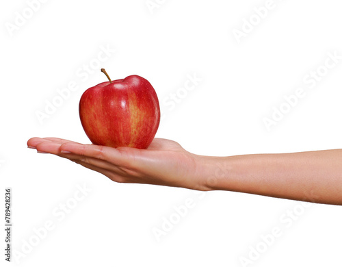 Hand holding red apple isolated on transparent layered background.