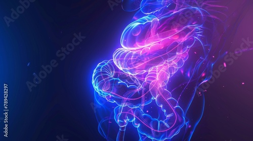 Illustration of a futuristic medical hologram neon glow background with a transparent human stomach digestive system photo