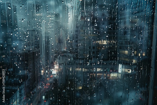 A photorealistic close-up of a window pane, with streaks of raindrops cascading down and a cityscape reflected in the glistening surface.