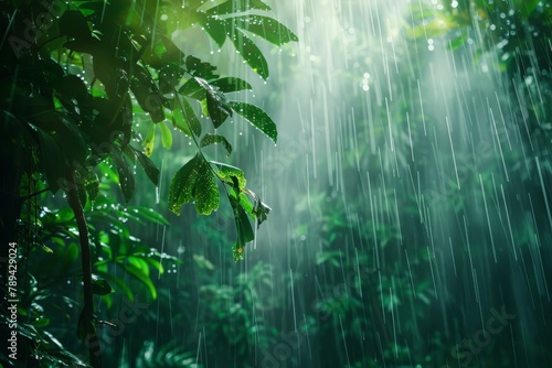 A photo of a lush rainforest canopy dripping with rainwater  sunlight filtering through the leaves to create a dappled effect on the forest floor.