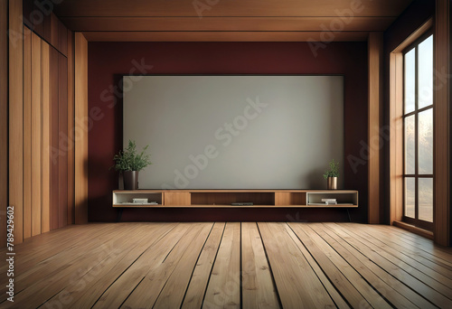 wooden TV 3d studio color background three-dimensional rendering interior room design architecture hotel home empty table wood tunnel house underground floor light corridor wall indoor nobody chair photo