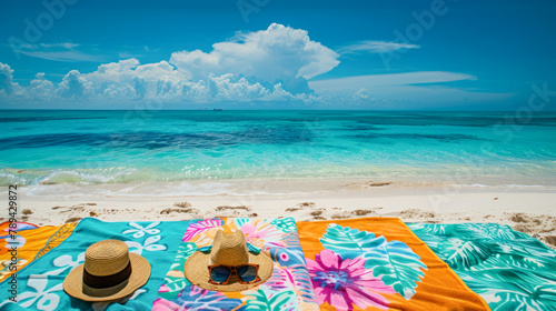 2 hats and sunglasses on beach towels against a turquoise sea backdrop