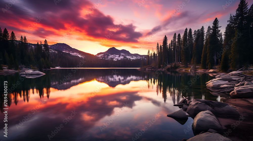 A serene sunset over a secluded mountain lake, reflecting vibrant hues of orange and pink.