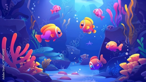 The sea life cartoon banner features cute tropical fishes at coral reef underwater background for a book or game cover. Underwater wildlife with seaweed will grow on rocks, in modern form.
