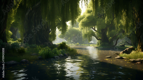 A serene pond surrounded by weeping willows with their branches trailing in the water.