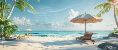 Rendering of a summer beach vacation scene in 3D.
