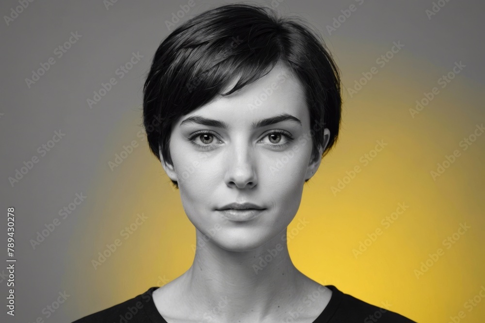Black and white portrait of short-haired young woman on vibrantyellow background, studio shot Black and white portrait of short-haired young woman on vibrantyellow background, studio shot