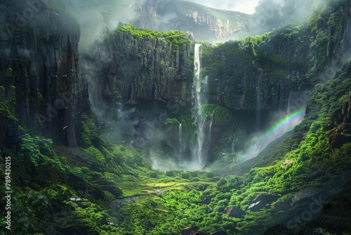 A photorealistic image of a waterfall cascading down a lush green mountainside, with mist rising from the plunge pool and a rainbow arcing across the sky. photo