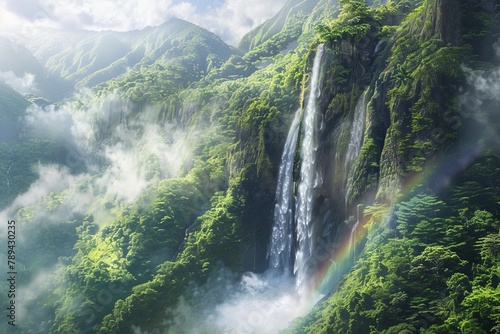 A photorealistic image of a waterfall cascading down a lush green mountainside  with mist rising from the plunge pool and a rainbow arcing across the sky.