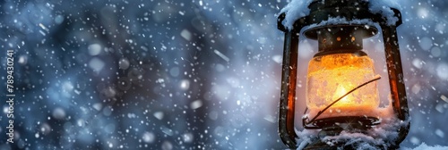 Kerosene lantern and snow , highlighting its striking features, Graphic Design, digital composition with clean lines and bold typography, Banner Image For Website, Background, Desktop Wallpaper photo