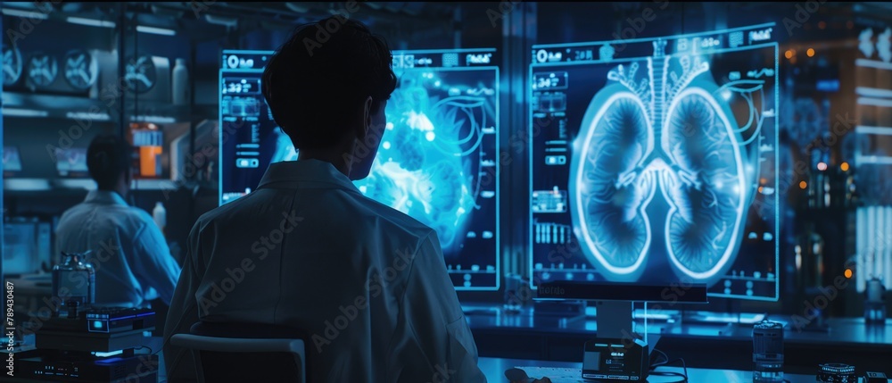 Shadowy Lab Medical professional in a shadowy, futuristic lab, analyzing a luminous ...