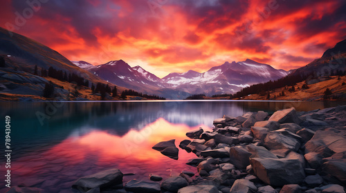 A serene sunset over a secluded mountain lake  reflecting vibrant hues of orange and pink.