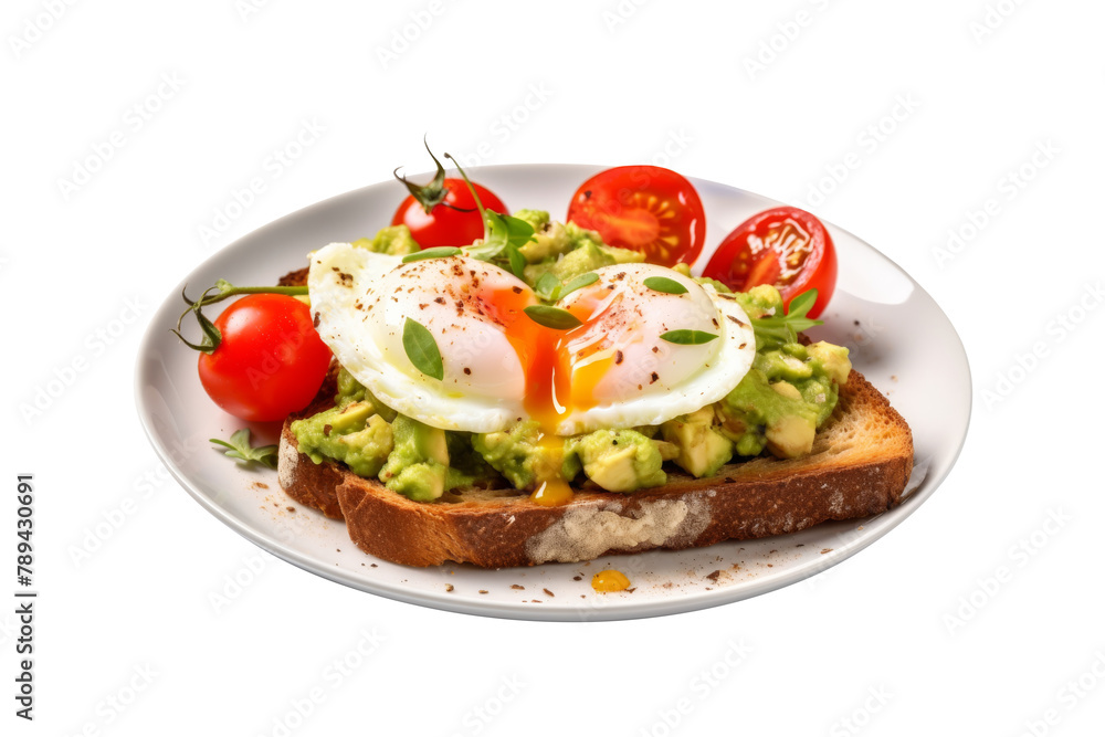 Healthy breakfast with whole wheat toast,mashed avocado,tomato and egg boiled on plate isolated on transparent background.