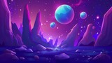 This is a Cartoon alien planet banner with futuristic landscape, a space background with glowing and flying rocks, moons in purple starry sky. This is a scientific discovery, fantasy computer game