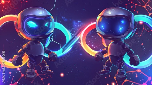 Future cartoon banners with artificial intelligence robots at neon glowing hud technological backgrounds with infinity symbol. Robotics, automation, cyborg or droid digital illustration.