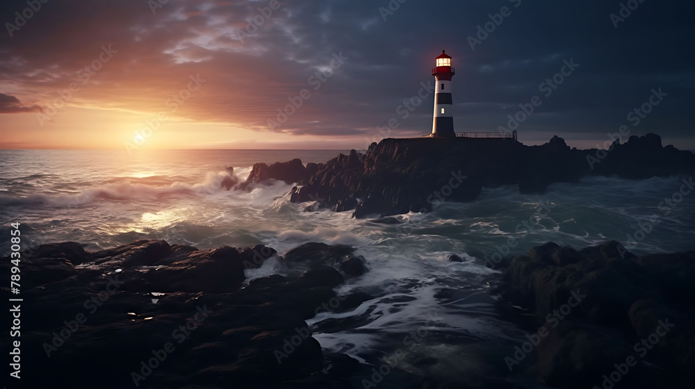 A solitary lighthouse standing tall on a rocky coastline, guiding ships at dusk.