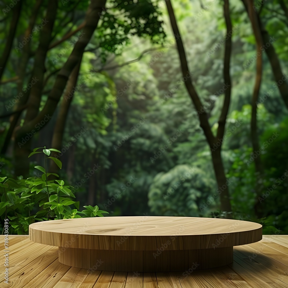 A simple wooden platform is set in a lush garden surrounded by various trees. Create a serene and beautifully decorated outdoor space. Perfect for enjoying spring. A simple wooden platform is set in a lush garden surrounded by various trees. Create a serene and beautifully decorated outdoor space. Perfect for enjoying spring.