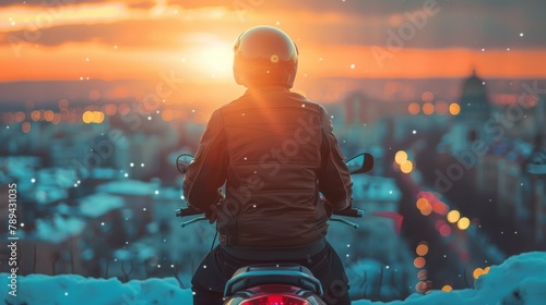 Man wearing helmet sitting on motor bike or scooter on urban road. Back view