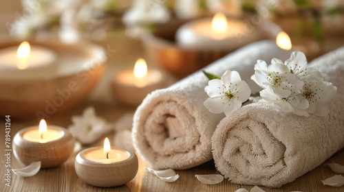 Spa still life with candles  towels  and aromatherapy elements for relaxation and wellness