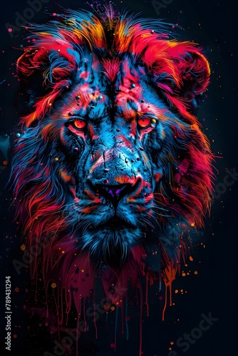 a lion with smoke and neon lights