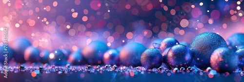 Stylish background with a neon blue and purple gradient, with small metallic Christmas balls on the floor, empty space for text on the right side, Banner Image For Website, Background