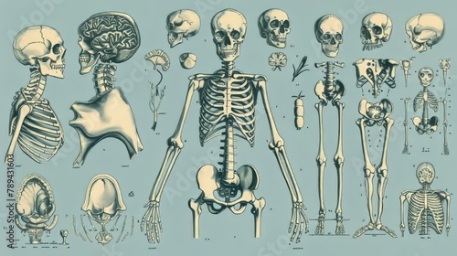 An old engraved illustration of the human skeleton from front and back, with its functional parts and their names. It is from the Trousset encyclopedia (1886 - 1891). photo