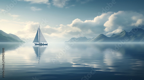 A solitary sailboat gliding peacefully across the glassy surface of a lake.