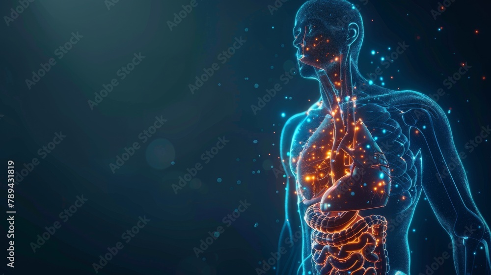 Cardiovascular system from an healthy body with heart anatomy on a black glowing background as a medical health care symbol. Cardiovascular system from an healthy body with heart anatomy on a black glowing background as a medical health care symbol.