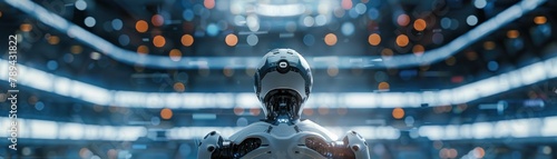 The image shows a robot standing in a futuristic city. The robot is looking up at the tall buildings. The city is full of bright lights and flying cars.