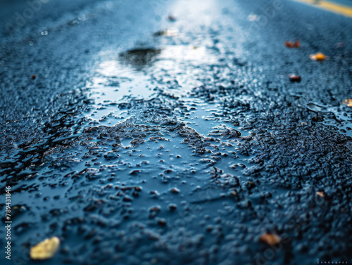 Closeup of a wet asphalt way with refelction